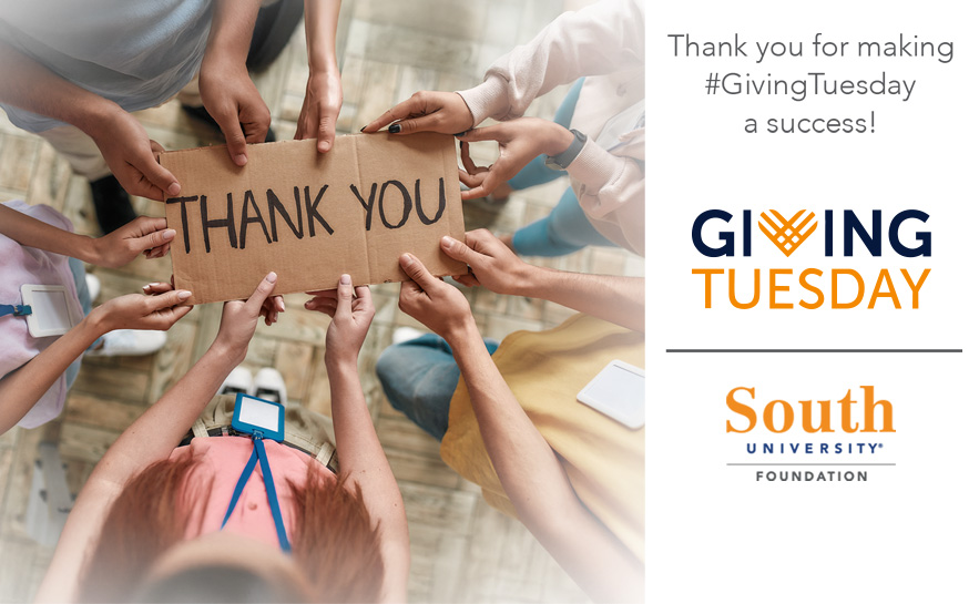 Giving Tuesday South University Thank you message with kids holding a thank you sign